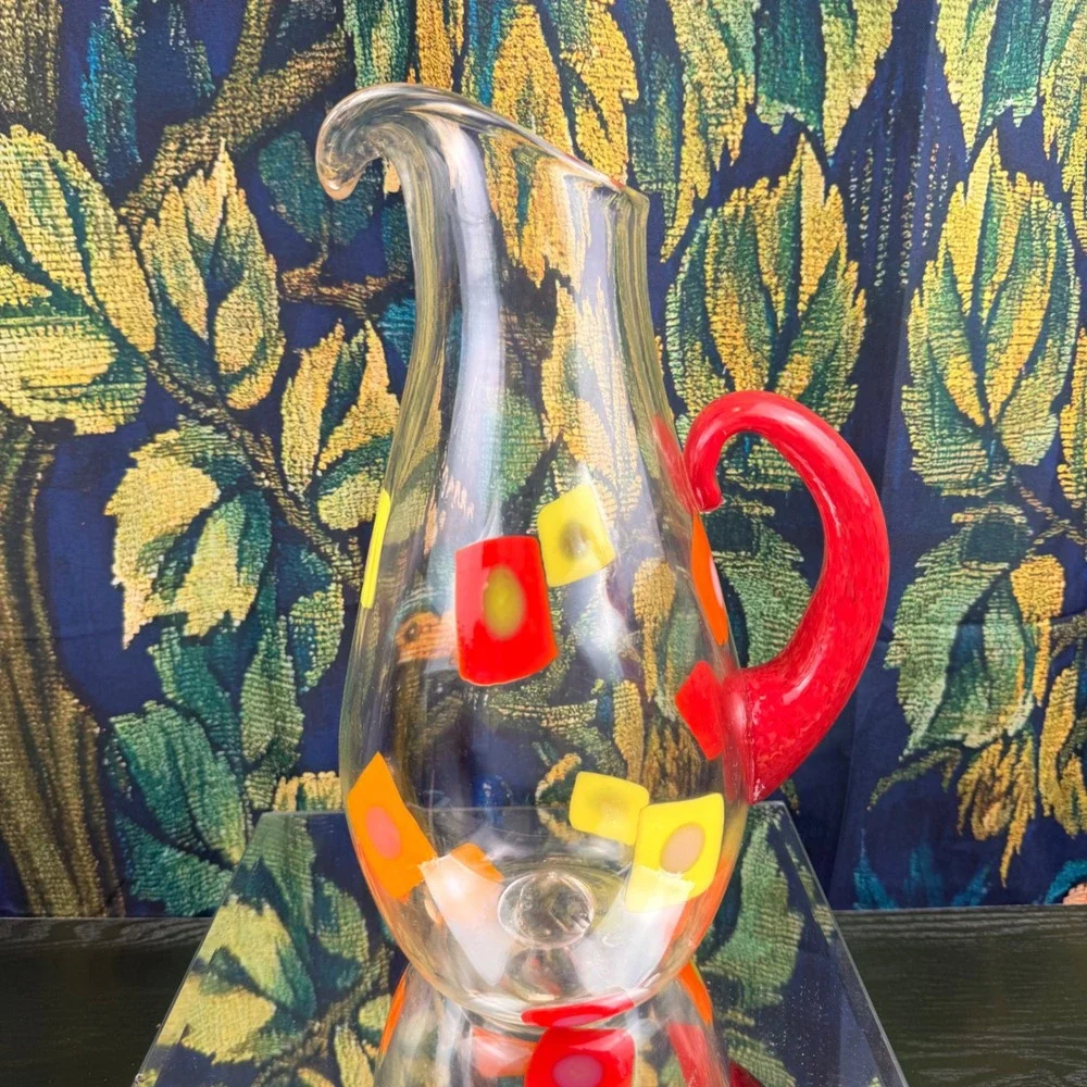 Hand Blown Glass‎ Pitcher MCM Murrine Style Red Yellow Orange Geometric 12.5in